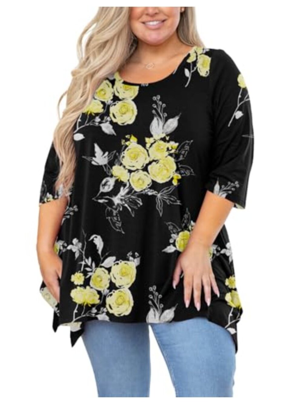 Women's Plus Size Tunic Top 3/4 Sleeve Loose Flowy Blouse for Leggings